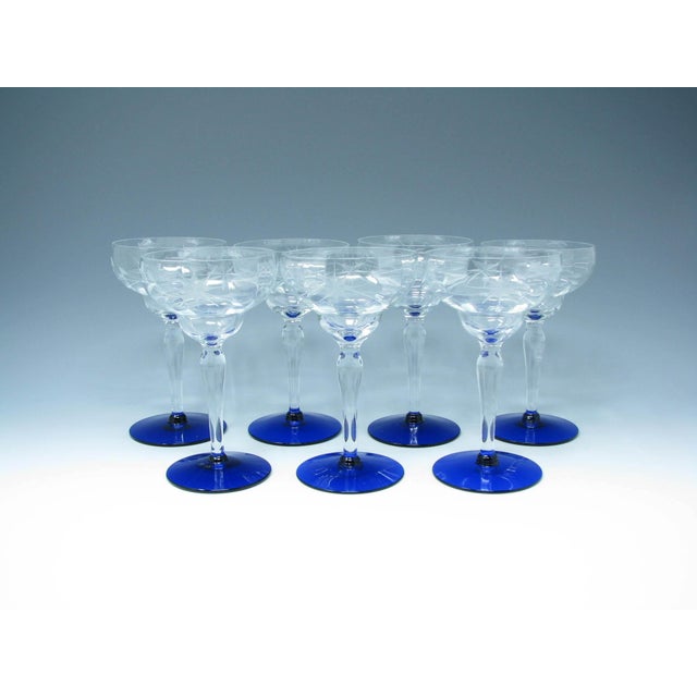 Vintage 1930s Weston Cut Glass Liquor Cocktail Goblets With Floral Design and Cobalt Foot - 7 Pieces For Sale - Image 13 of 13