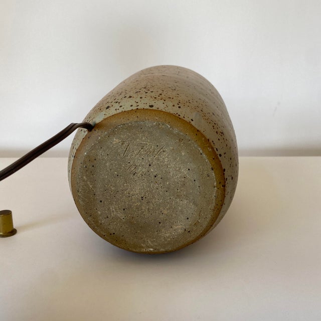 Greige Vintage Signed Ceramic Table Lamp With Handmade Raffia Shade For Sale - Image 8 of 10