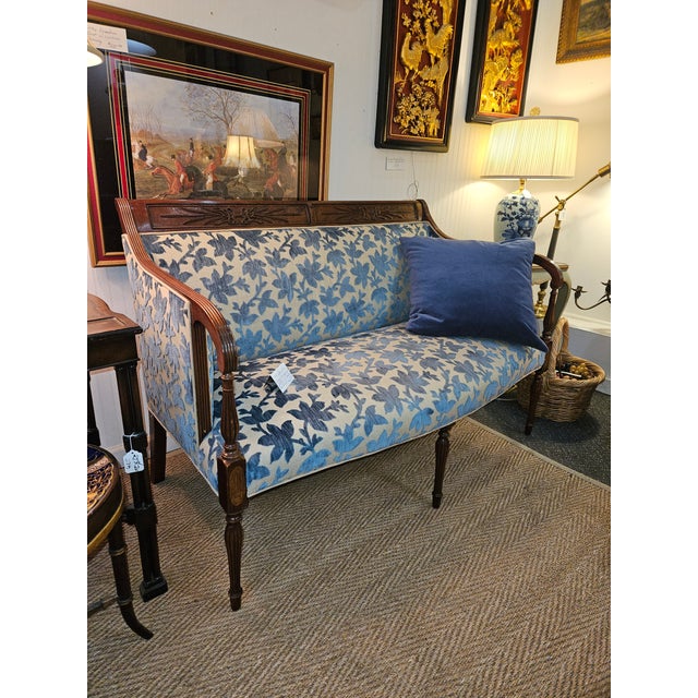 Blue Handsome Hand Carved 19th C. Sheridan Settee or Sofa Upolstered in Designer Silk Cut Velvet For Sale - Image 8 of 8
