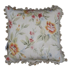 Mid 20th Century Silk Down Filled Floral Embroidered Tassel Lumbar Throw Pillow