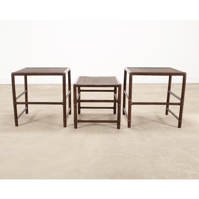 Nest of Three McGuire Rattan Cane Raffia and Oak Side Tables For Sale - Image 17 of 18
