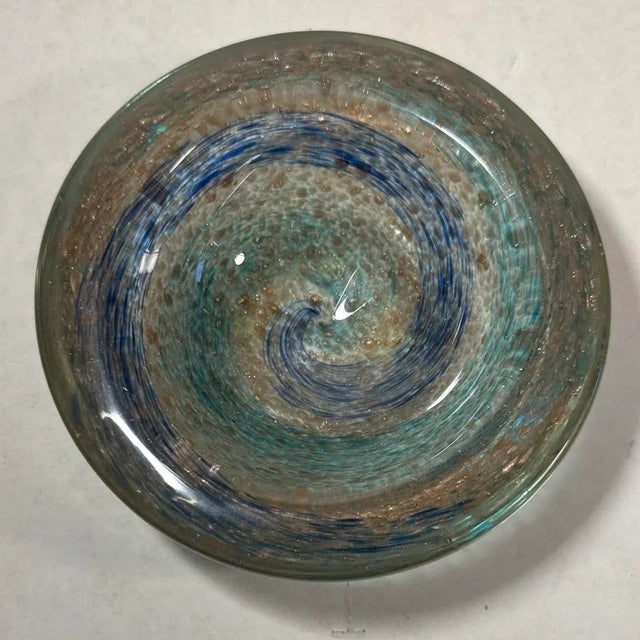 Italian Hand Blown Green Blue and Copper Thick Glass Catchall Bowl Murano Attributed For Sale - Image 9 of 10