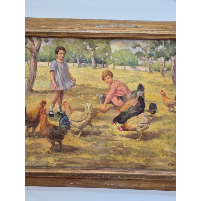 Lo Presti, Children with Chickens, 1920s, Oil Painting on Canvas, Framed For Sale - Image 11 of 15