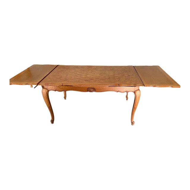 French Provincial Style Draw Leaf Dining Table With Oak Parquet Top With 6 Chairs For Sale