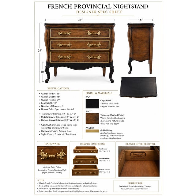 Mid 20th Century Pair of Permacraft French Provincial Nightstands | Onyx Black & Tobacco Reserve Finish With Hand-Gilded Details For Sale - Image 4 of 4
