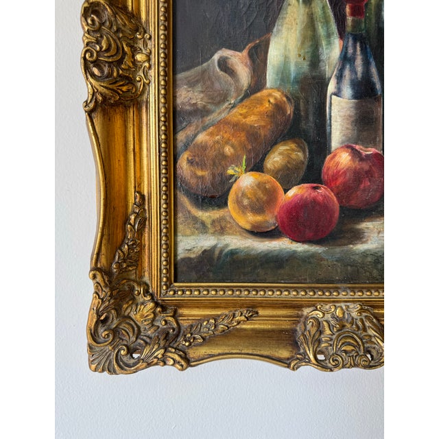 Wood 1970s Vintage Impressionist Bread, Fruit & Wine Still Life Oil on Canvas Painting in - Frame For Sale - Image 7 of 10