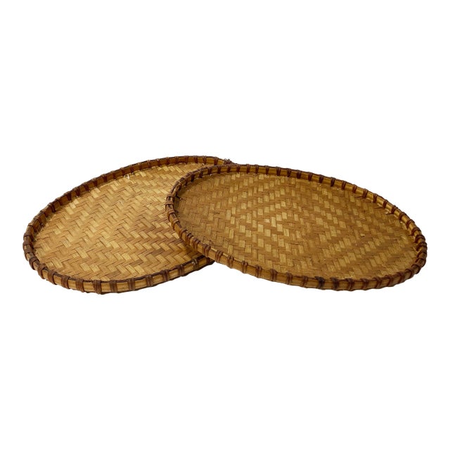 Woven Wicker Nesting Tray Pair For Sale