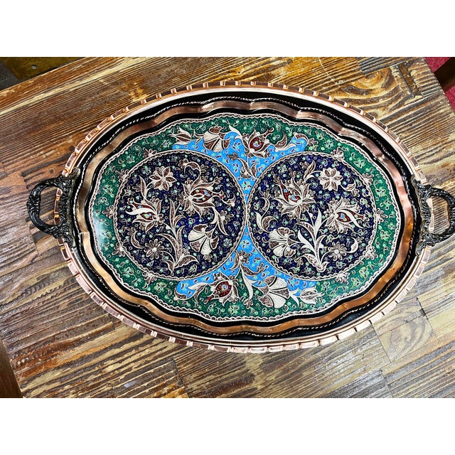 Engraved Oval Copper Tray with Handles For Sale - Image 4 of 11