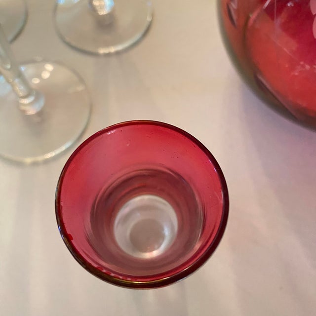 Cranberry Glass Decanter 6 Port Glasses and Shot Glass Stopper For Sale - Image 13 of 14