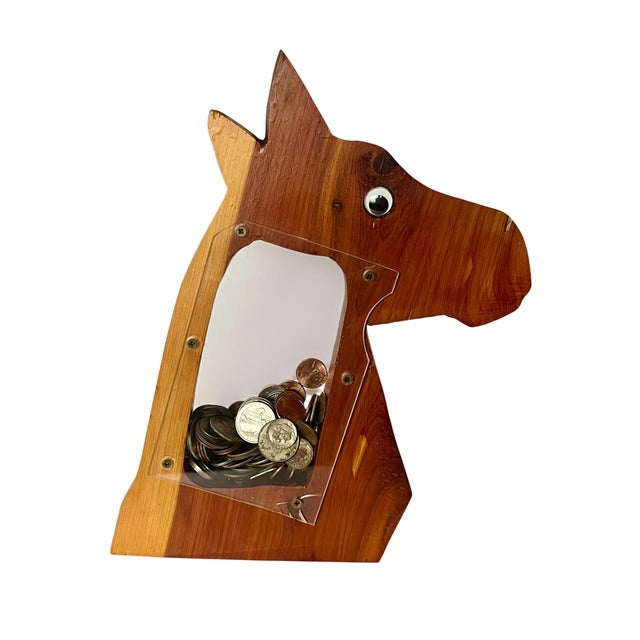 Rustic Pair Vintage Western Folk Art Wooden Horse Head Coin Banks For Sale - Image 3 of 16