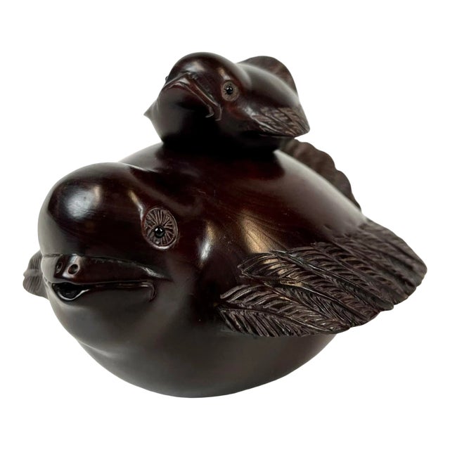1980s Hand Carved Hardwood Mother and Baby Bird For Sale