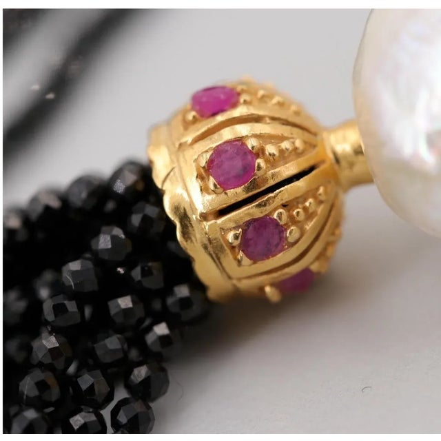 1990s Gold on Sterling Silver Cultured Pearl, Ruby & Onyx Tassel Earrings - 2 Pieces For Sale - Image 4 of 6