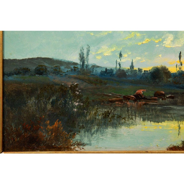 Paint French Barbizon Antique Oil Painting of Evening Landscape by Jean Bain For Sale - Image 7 of 12
