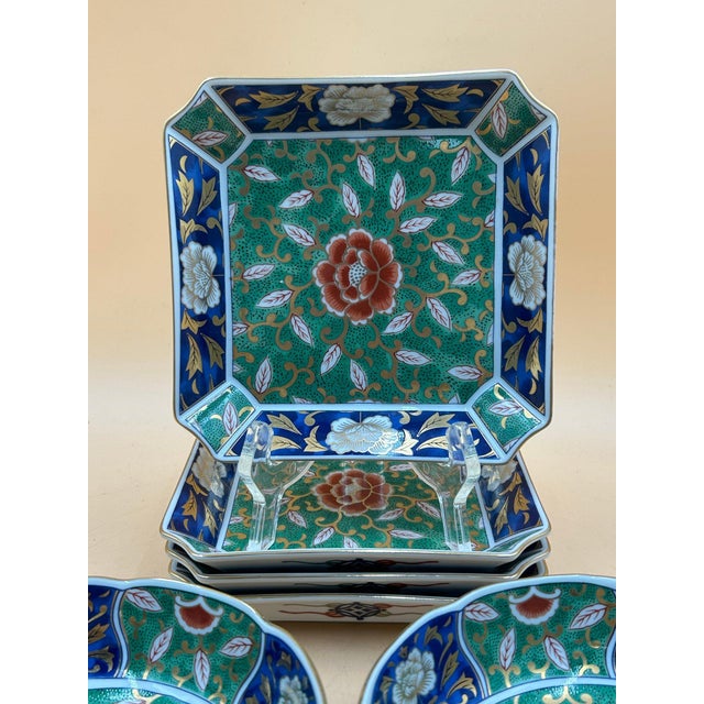 Elegant vintage Japanese porcelain bowl and plate set from Kozan Gama (古山窯), beautifully decorated in rich emerald green,...