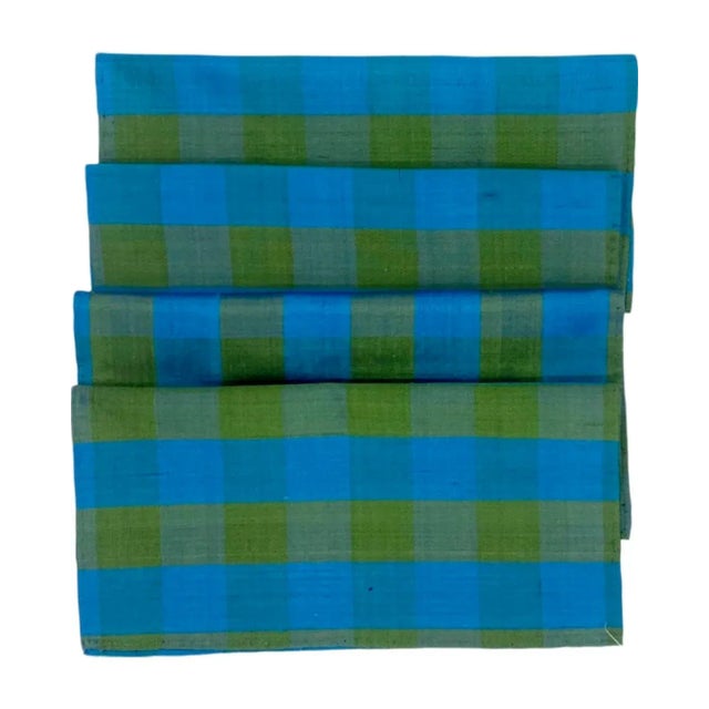 Vintage Set 4 Blue Green Silk Gingham Plaid Cocktail Napkins Barware For Sale - Image 4 of 13