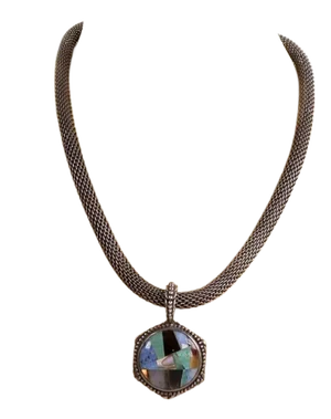 Stephen Dweck Multi Inlaid Gems & Sterling Silver Mesh Pendant Necklace