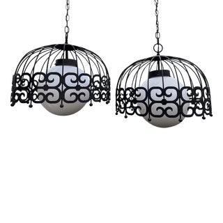 1960s Mid Century Modern Wrought Iron Umanoff Style Chandeliers - A Pair For Sale