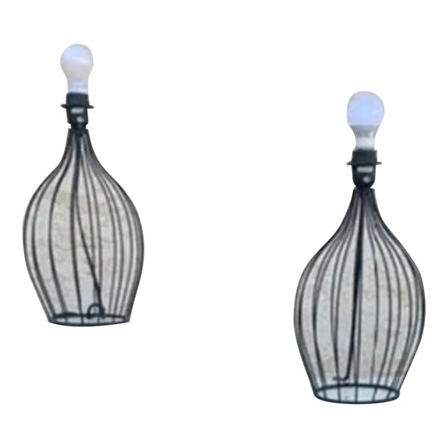 Set of 2 1990's Black Wire Jug Table Lamps For Sale