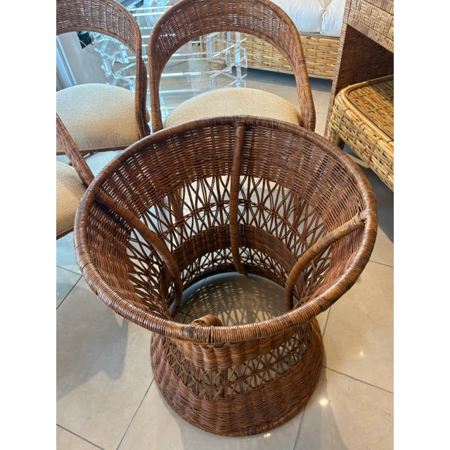 1970s Vintage 5 Pc. Rattan Wicker Dining or Game Table & Barrel Chairs Set For Sale - Image 5 of 12