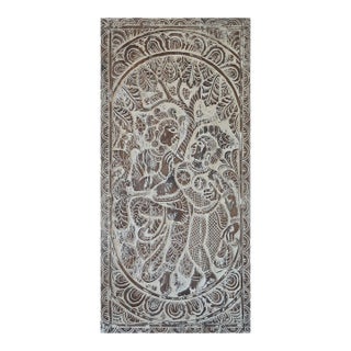 Vintage Radha Krishna Wall Sculpture – Hand-Carved Whitewashed Indian Wood Wall Art 72x36 For Sale