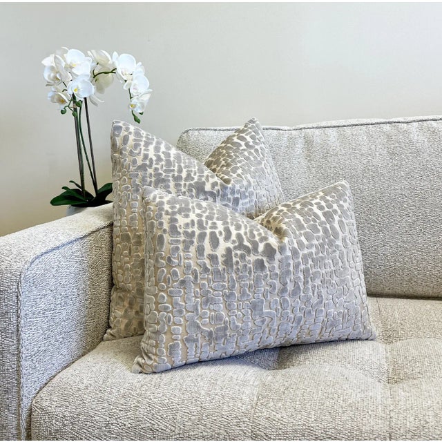 This pillow is so much more beautiful in person. Elevate your space with this soft luxurious silvery gray cut velvet on a...