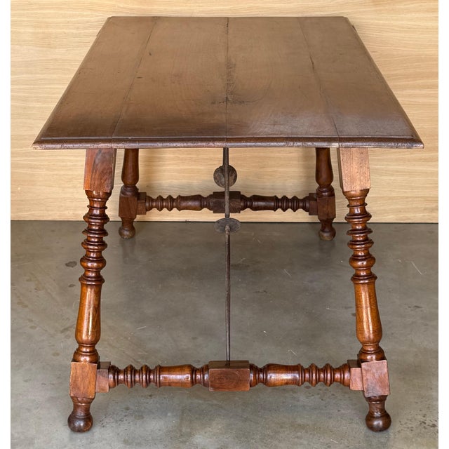 Baroque 19th Spanish Sturdy Side Table with Carved Turned Legs and Double Stretcher For Sale - Image 3 of 18
