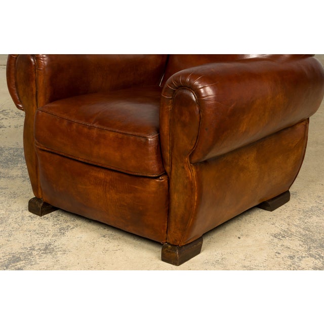 1940s French Art Deco Cognac Leather Club Chairs, Pair For Sale - Image 4 of 7