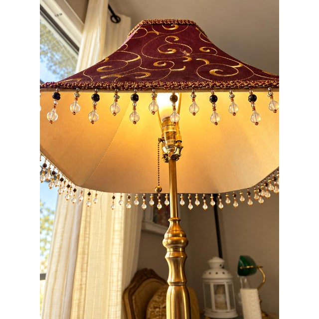 Metal Vintage Brass Table Lamp With Burgundy Embroidered Shade, Gold Scroll Motif & Crystal Drops, Traditional Hollywood Regency Decor For Sale - Image 7 of 12