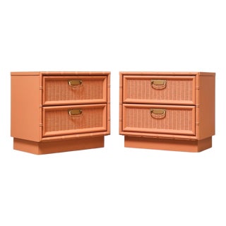 Coral Vintage Bamboo Nightstands, A Pair For Sale
