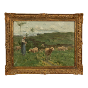 19thC Oil on Canvas French Pastoral Realism Barbizon School Landscape Painting by Harry Thompson, 1885