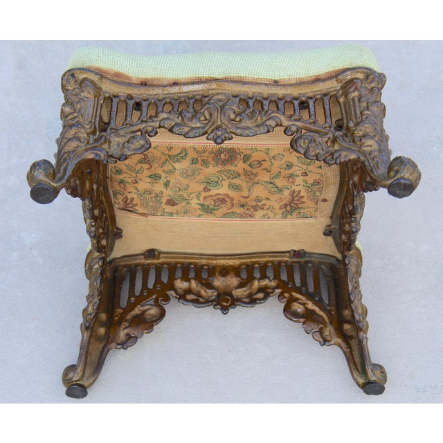 Vintage 1940s Rococo Revival Gilt Cast Iron Footstool With Floral Needlepoint Cushion For Sale - Image 12 of 13
