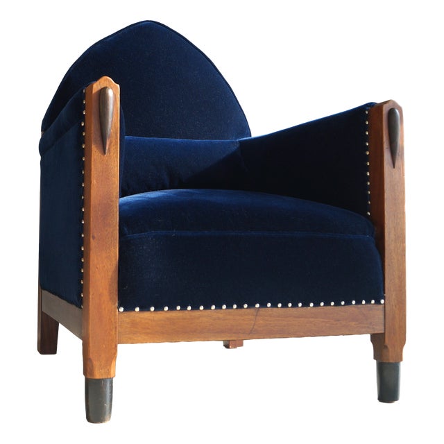 Dutch Art Deco Amsterdam School Armchair in Midnight Blue Velvet, 1920s For Sale