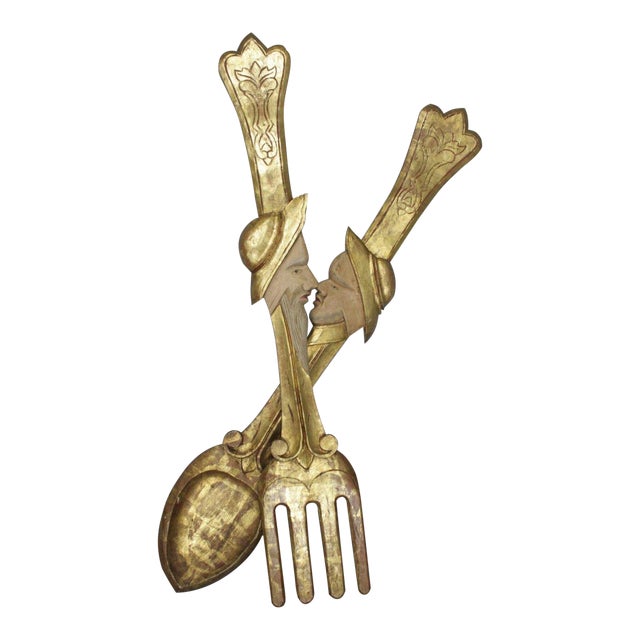 Italian Anri Style Large Carved Wood Wall Decor Fork Spoon Man