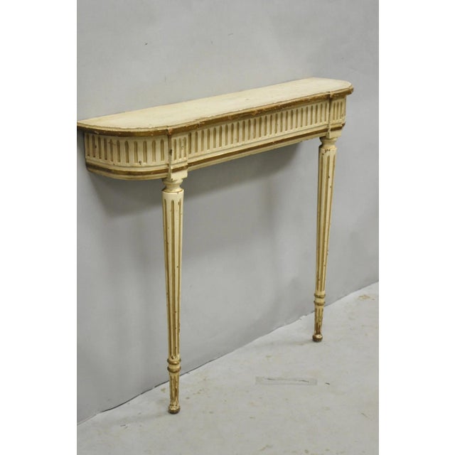 Vintage French Provincial Louis XVI Style Distressed Cream/Gold Painted Wall Mounted Console Table with Unique Narrow...