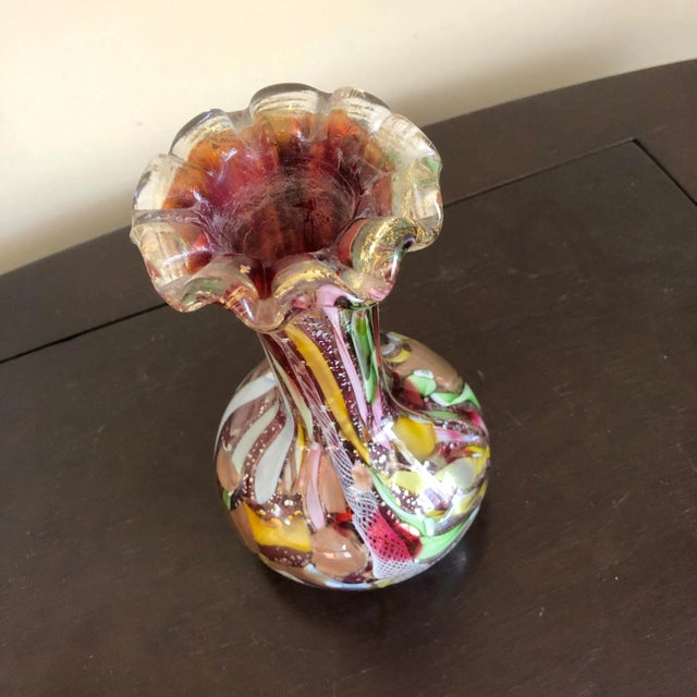 Circa 1950's Murano "Tutti Frutti" glass vase with a ruffled edge and zanfirico and aventurine decoration, by A.Ve.M....