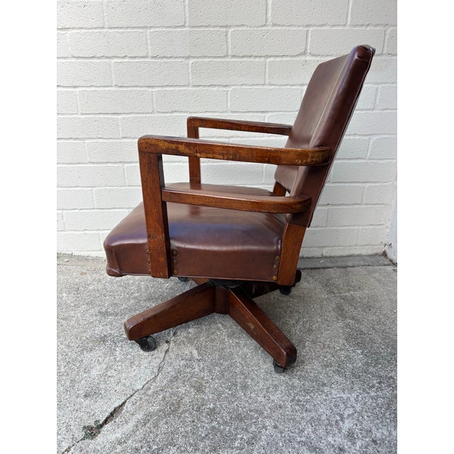 Mid-Century Modern Midcentury Modern 1940s Leather Vintage Swivel Office or Library Desk Chair For Sale - Image 3 of 8