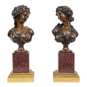 Pair of French Ormolu and Patinated Bronze Figural Busts on Porphyry Bases