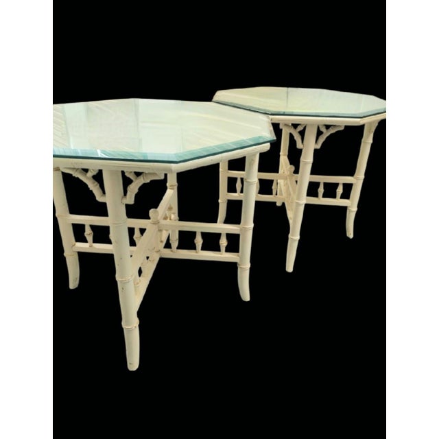 Thomasville Vintage Off White Fretwork Faux Bamboo Octagonal Oversized Glass Top Side Tables- A Pair For Sale - Image 4 of 11