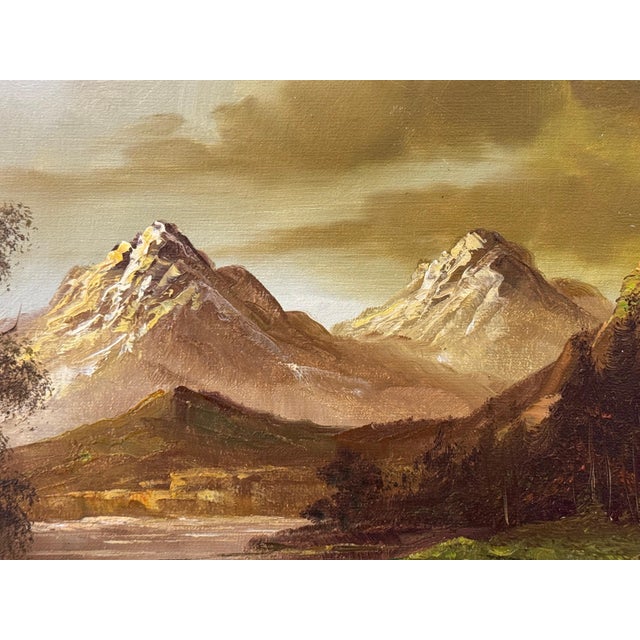 Textile Golden mountain peaks rise above a quiet river where light and solitude meet 1975 Circa For Sale - Image 7 of 17