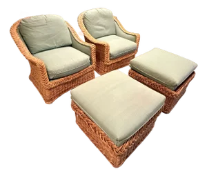 Pair of Round Back Rattan Lounge Chairs With Matching Ottomans