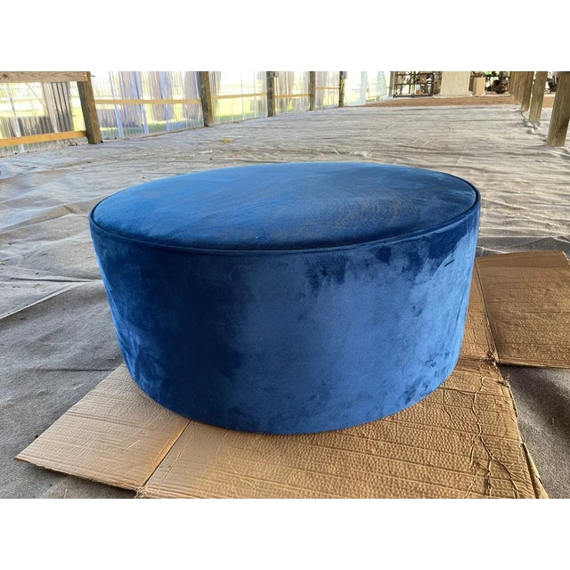 Modern Large Round Blue Velvet Ottoman – Upholstered Accent Seating For Sale - Image 3 of 6