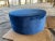 Modern Large Round Blue Velvet Ottoman – Upholstered Accent Seating For Sale - Image 3 of 6