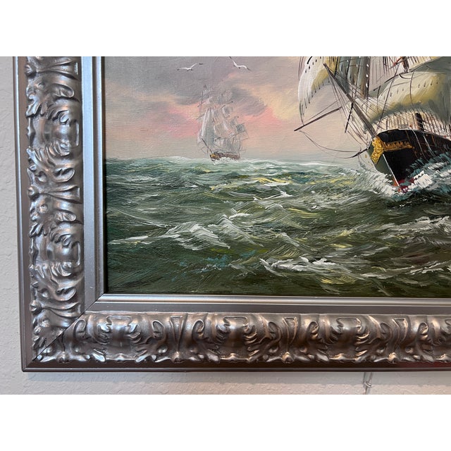 Vintage European Marine Original Oil Painting Tall Ship Seascape Signed Framed For Sale - Image 4 of 7