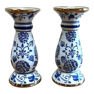 Blue and White Chinoiserie Ceramic Gilded Candlesticks - Set/2 For Sale