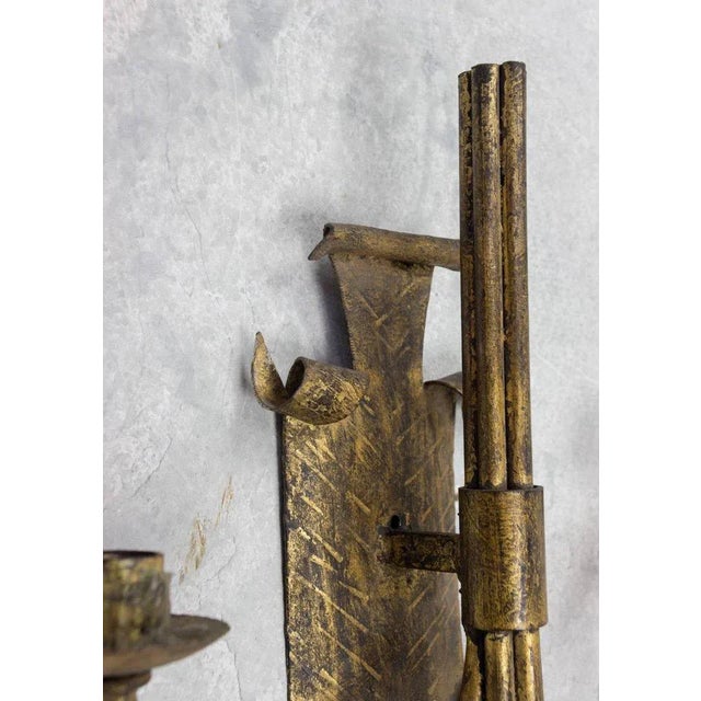 Metal Pair of Spanish Mid-Century Gilt Metal Five-Arm Candle Sconces, 1950s For Sale - Image 7 of 8