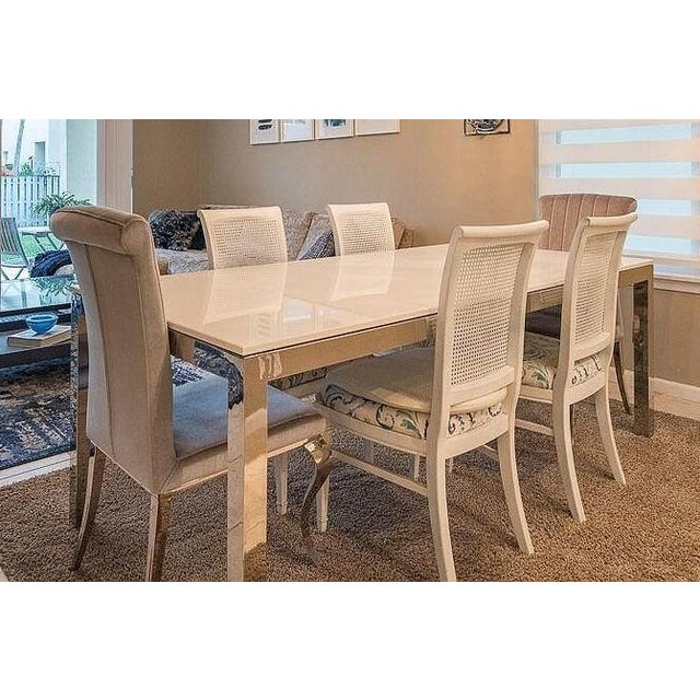 Contemporary Mitchell Gold + Bob Williams White Quartz Dining Table W/ Chrome Base 84” For Sale - Image 3 of 10