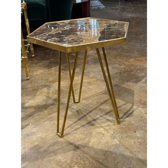 Early 21st Century Pair of Italian MCM Brass and Marble Hex Tables For Sale - Image 5 of 5