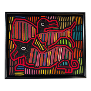 Vintage Kuna Mola Folk Art Textile – Hand-Sewn Mixed Fabrics, Framed
