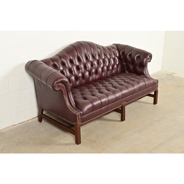 Baker Furniture Company Vintage Chippendale Tufted Oxblood Leather Camelback Chesterfield Sofa by North Hickory Furniture For Sale - Image 4 of 11