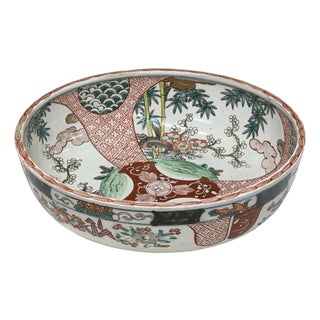 Vintage Asian Round Polychrome Enamel Scenery Graphic Porcelain Bowl For Sale